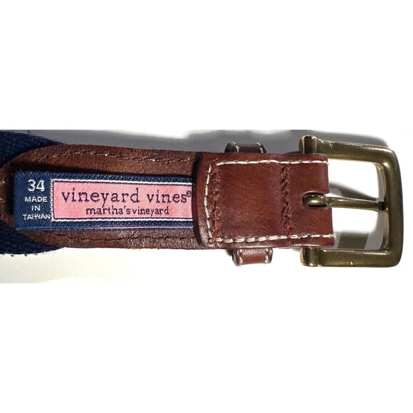 Vineyard Vines 34" Striped Canvas & Leather Belt With Brass Buckle - Picture 6 of 10